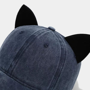 Washed Cat Ear Baseball Cap in Khaki with cat ears