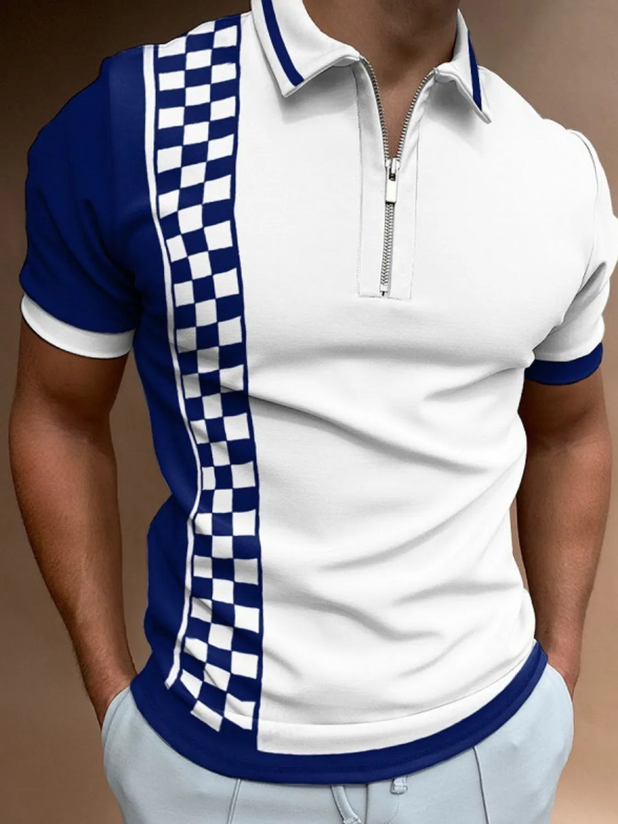 White zip polo shirt with blue sleeves and checkerboard panel detail