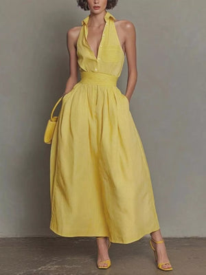 lemon yellow maxi dress with striped and halter
