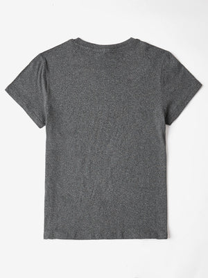 Dark gray 100% polyester t-shirt with short sleeves and a crew neck.