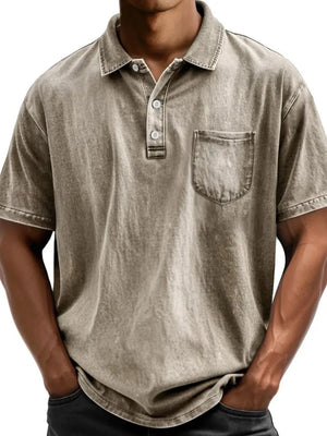 Relaxed fit acid wash polo shirt in taupe with chest pocket and button placket.