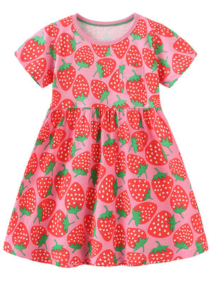 Pink cotton blend toddler dress with allover red strawberry print and chest pocket.