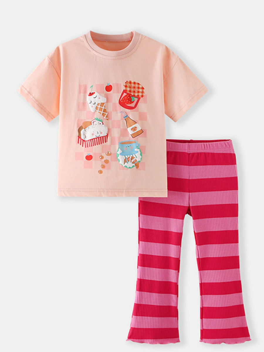 Toddler peach graphic tee with ice cream and strawberry print, paired with pink and red striped flare pants.