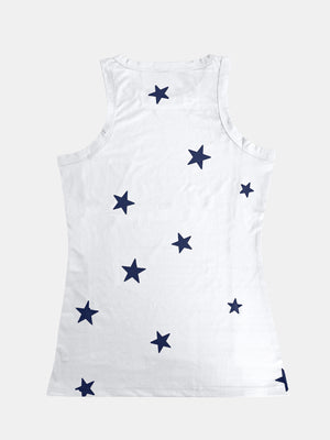 White ribbed tank top with navy stars, crew neck, sleeveless