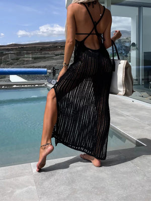 Black open-knit maxi cover-up with slit front and crisscross back detail.