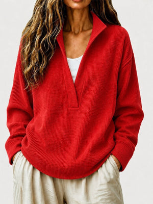 red sweatshirt with waffle-knit and collared
