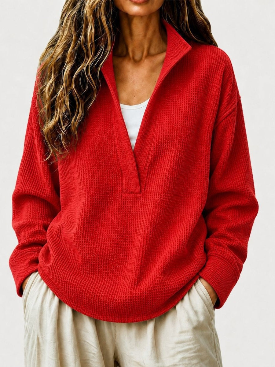 red sweatshirt with waffle-knit and collared