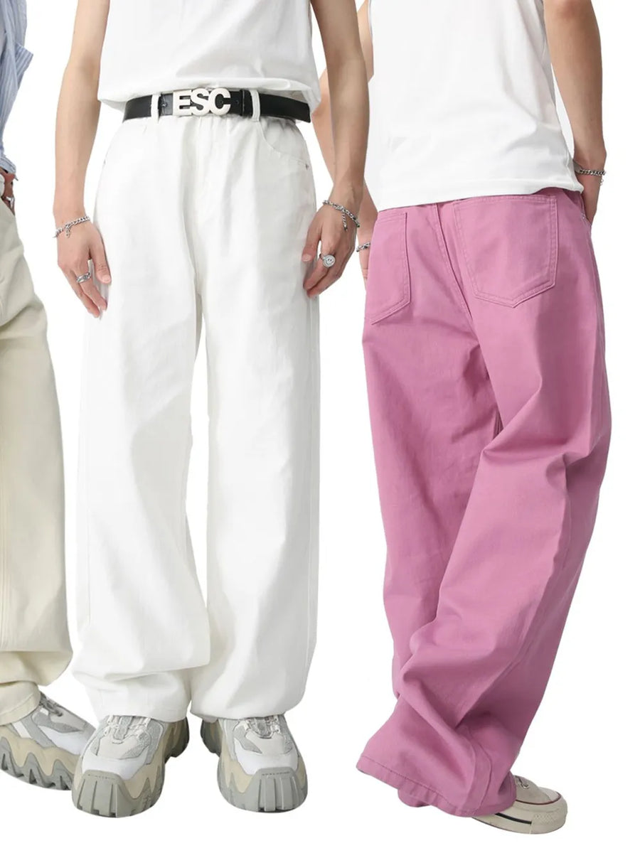 Wide-leg high-rise denim trousers in Moonlit Mauve and Black, shown on models.