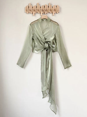 metallic olive green wrap top with sheer and long sleeve