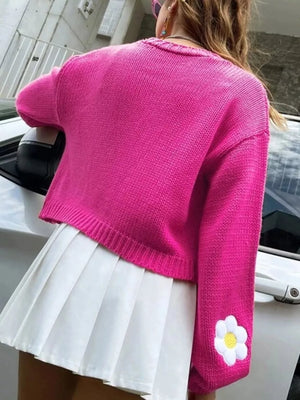 Floral Open Front Knit Cardigan in Fuchsia Pink with open-front
