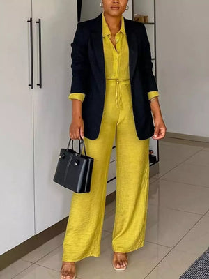 Chic tie-front top and wide-leg pants ensemble in lemon yellow, collared, button-down shirt, with black blazer.