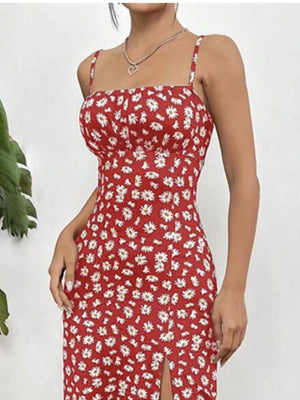 Red floral spaghetti strap midi dress with a thigh slit.