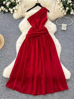 Red one-shoulder maxi dress with ruched waist detail