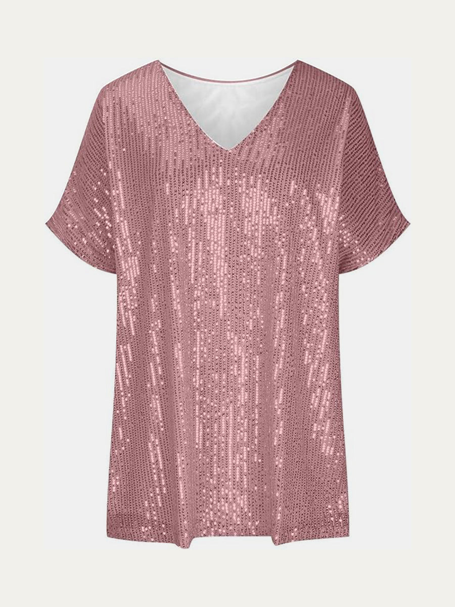 Rose gold sequin slouchy V-neck top with short sleeves