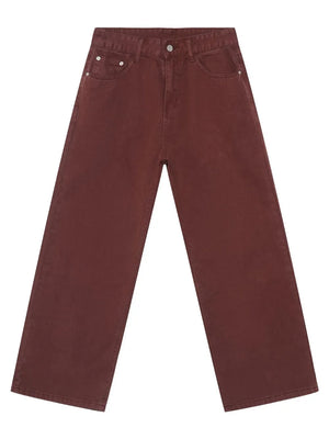 Burgundy wide-leg denim trousers with a casual, baggy fit.