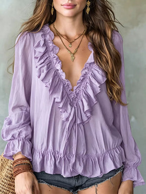 blouse in Brown with v-neck and long sleeve