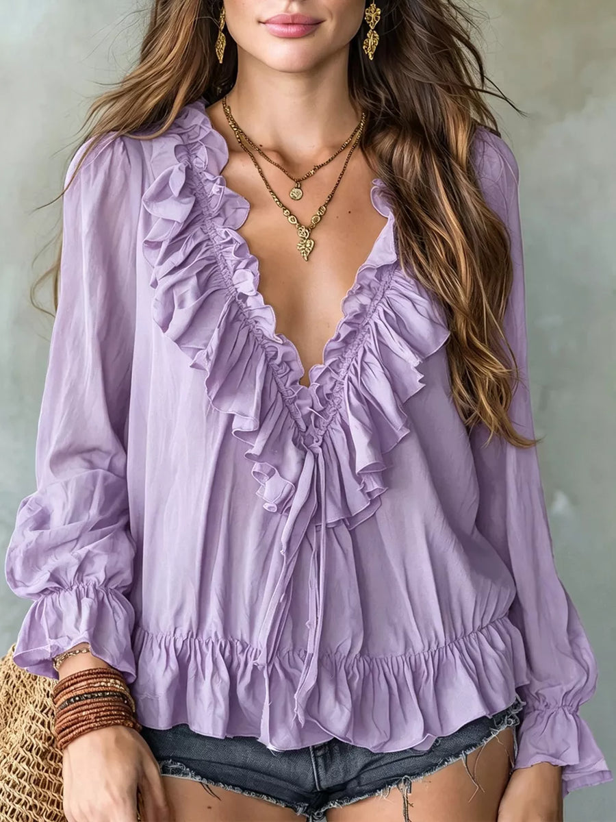 blouse in Brown with v-neck and long sleeve