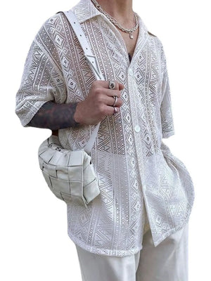 White crochet resort shirt with geometric pattern, button-up style, and short sleeves.