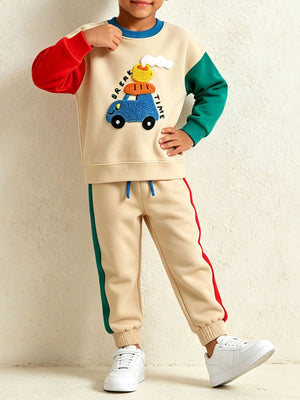 red sweatshirt and jogger set featuring drawstring waist and applique