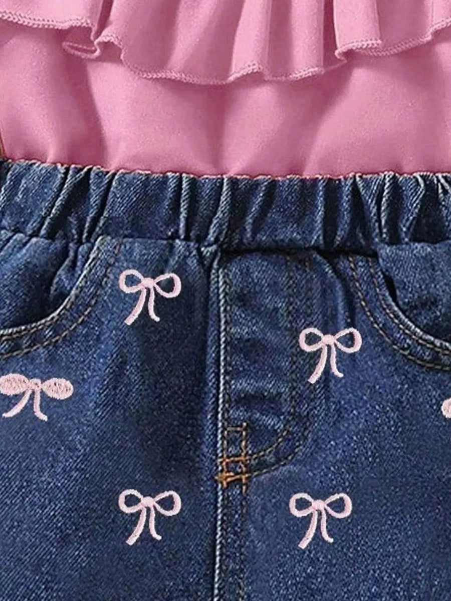 Baby girls' pink ruffle top and denim shorts set with bow embroidery