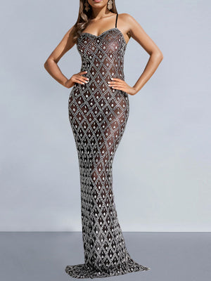 black maxi dress with geometric and sweetheart