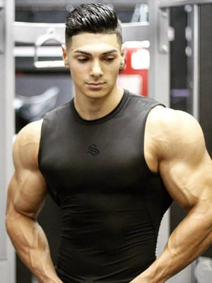 Black performance fit muscle tank top with subtle logo detail