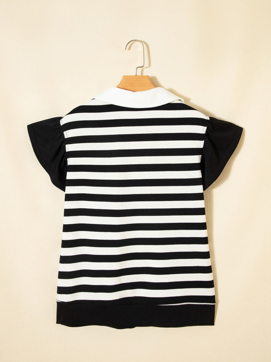 Black and white striped cotton blouse with ruffled sleeves and a white collar.
