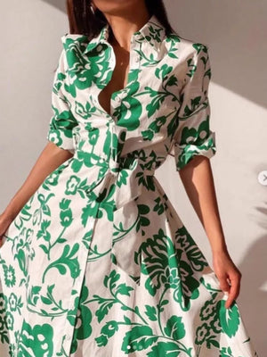 emerald green shirt dress featuring buttoned and floral