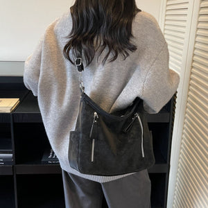 Multi-Zipper Casual Shoulder Bag in black with zipper pockets