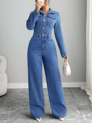 Button Front Long Sleeve Denim Jumpsuit