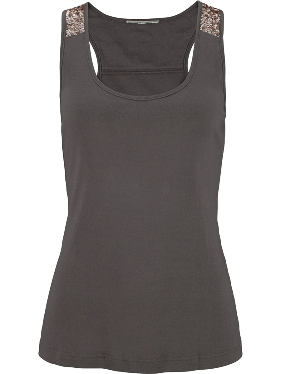 Dark gray tank top with sequin shoulder detail and racerback.