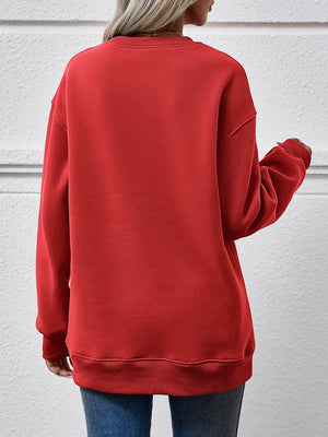 Deep Red drop shoulder sweatshirt with crewneck and ribbed cuffs and hem.