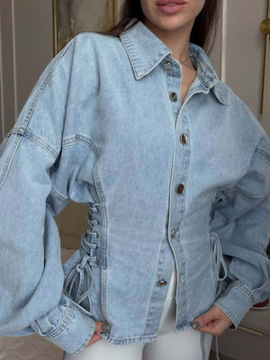 light blue denim jacket with hip-length and button-front