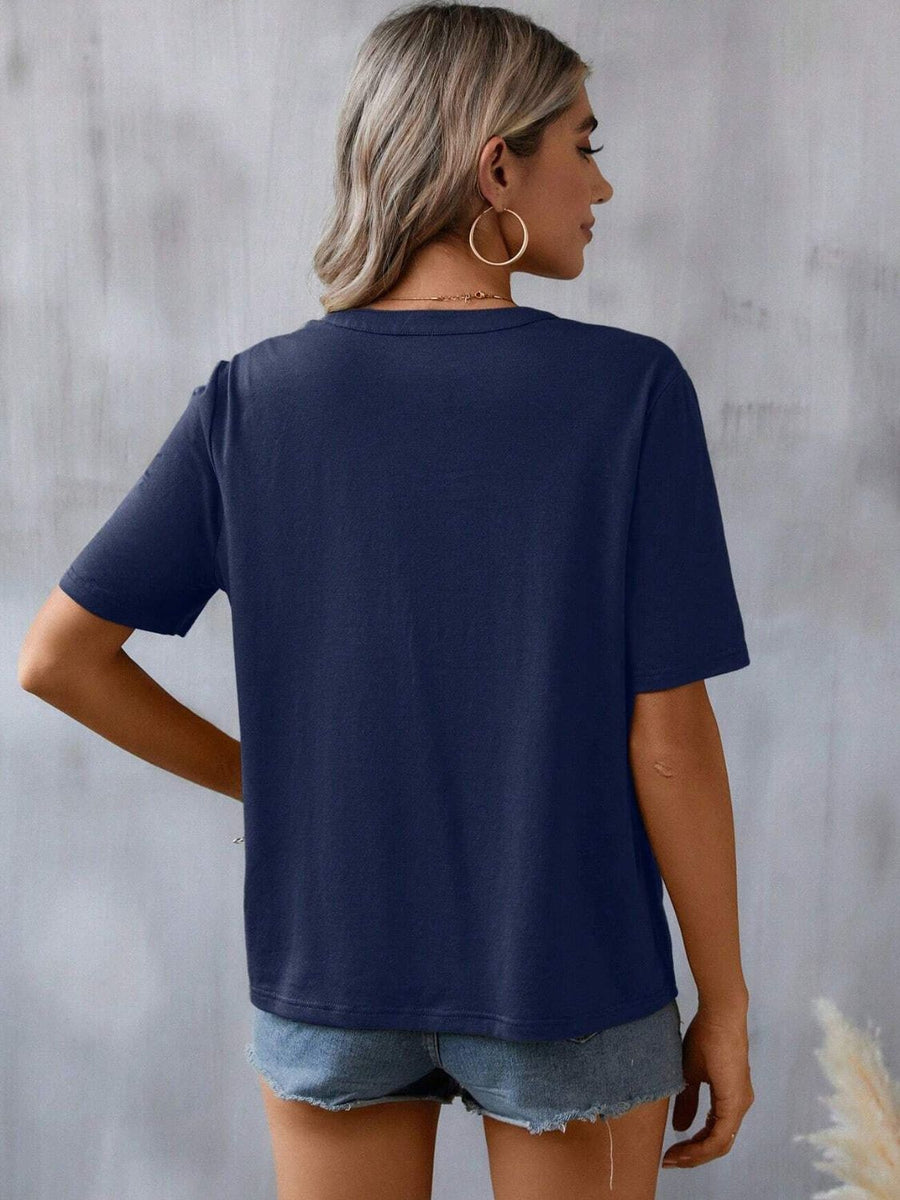 Dark navy V-neck tee with crochet trim detail, short sleeves, casual fit.