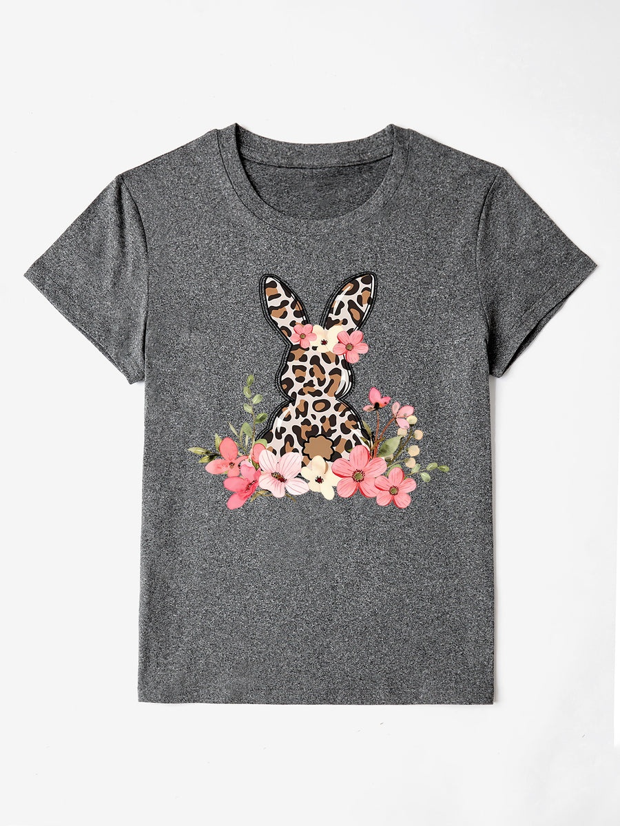 Gray crewneck t-shirt with leopard print bunny and floral graphic.