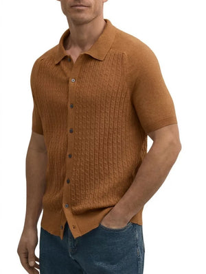 rust cardigan with cable knit and collared