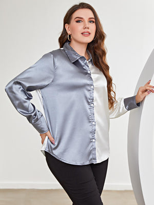 Satin split-tone button-down blouse in grey and white with a collared neckline and long sleeves.