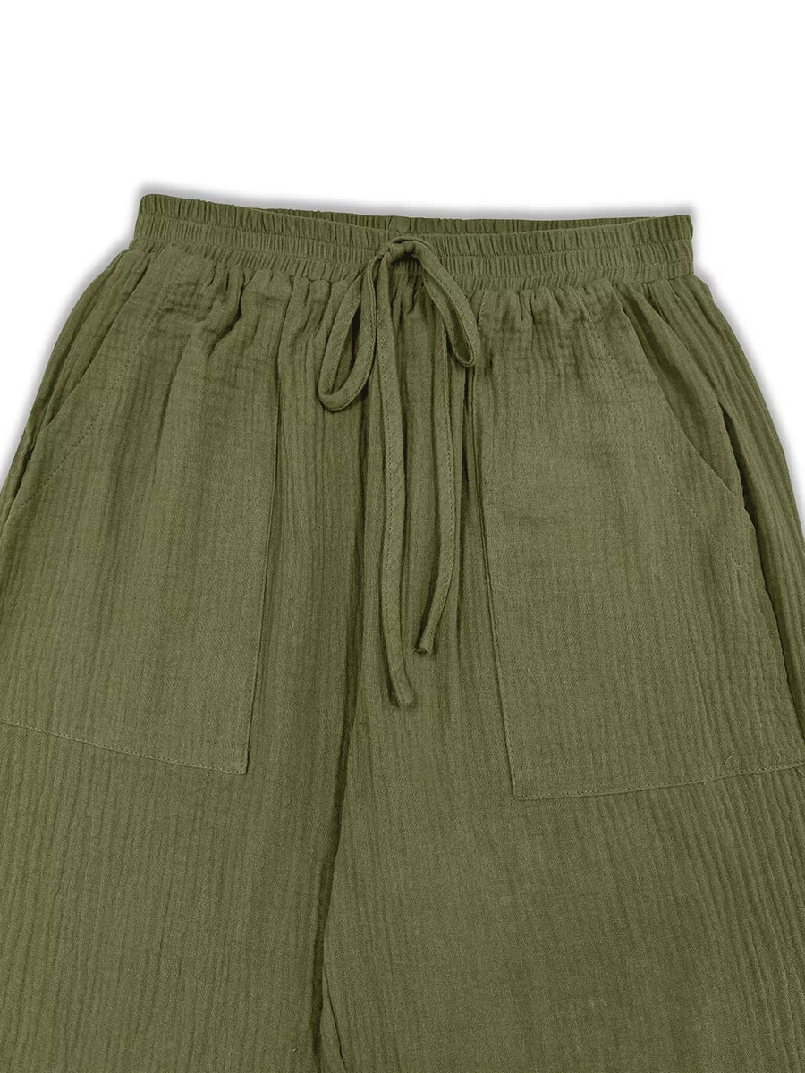 Loose Fit Gauze Drawstring Pants in Moss with drawstring waist