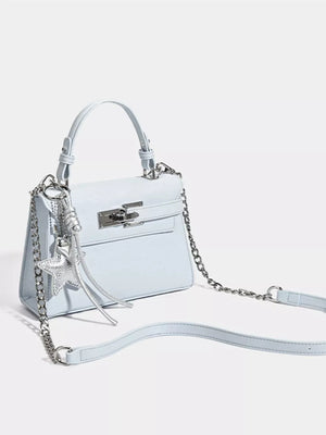 Light blue mini pu leather tote bag with silver buckle and star charm