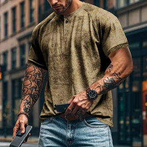 Textured Henley tee in Army Green with raglan sleeves and button placket.