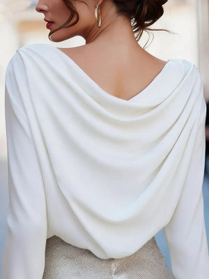 White long sleeve shirt with elegant cowl neck detail