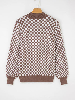 brown pullover sweater with ribbed trim and long sleeve