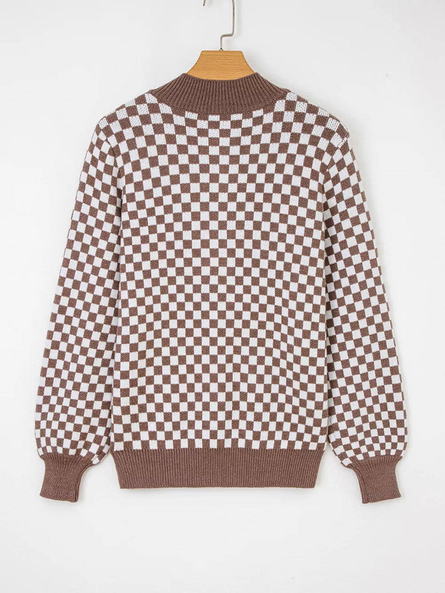 brown pullover sweater with ribbed trim and long sleeve