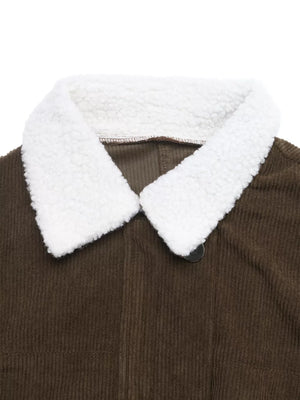 dark brown trucker jacket with buttoned cuffs and long sleeve