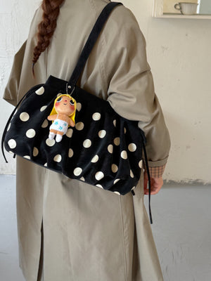 black PU Leather Imported Size & shoulder bag with polka dot and drawstring