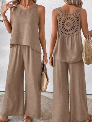 Taupe linen two-piece set with round neck sleeveless top and wide-leg pants, featuring crochet back detail.