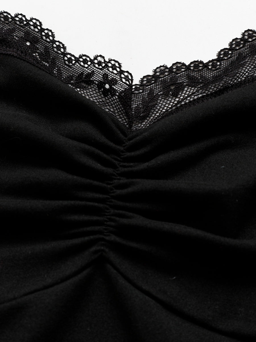 Black lace halter neck cami top with ruched front detail