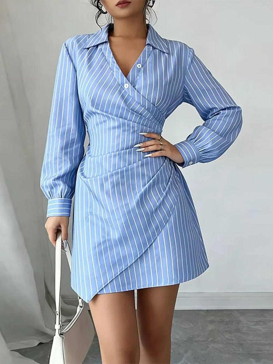Blue shirt dress featuring smocked and striped