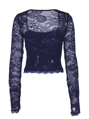 Navy blue lace t-shirt with square neckline, long sleeves, and scalloped hem.