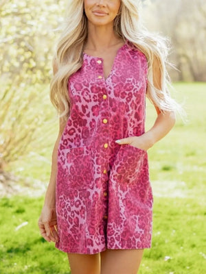 Leopard Denim Buttoned Shift Sleeveless Dress in Hot Pink